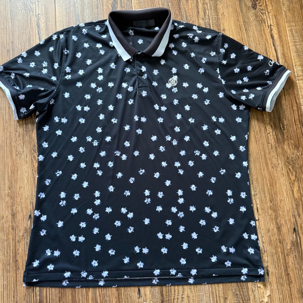 G/FORE Polo Shirt Mens Large Black Floral Short Sleeve Performance Galloway Golf